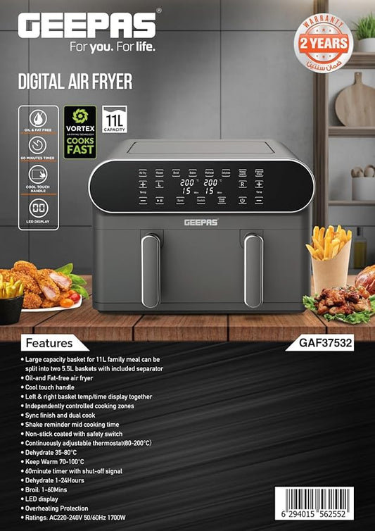 Geepas Digital Air Fryer-11L Capacity with 5.5 L Dual Baskets GAF37532